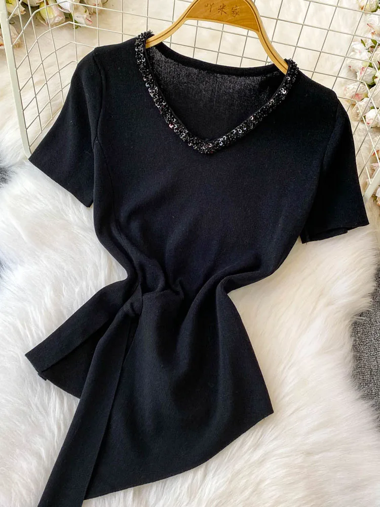 여성 패션 반팔 탑 셔츠 여름 한국 스타일 새로운 섹시한 스팽글 v 넥 불규칙한 슬림 우아한 티셔츠