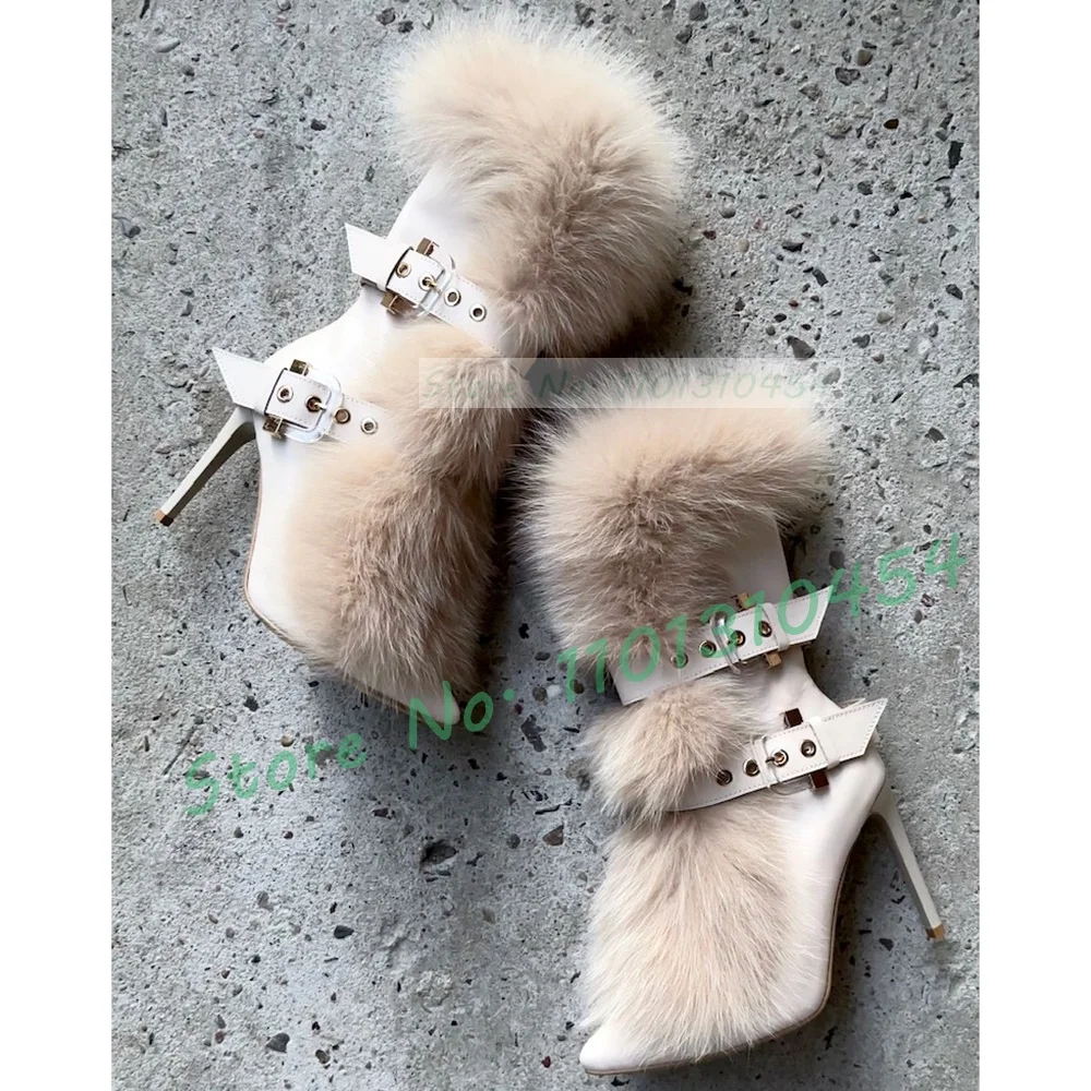 Beige Real Fur Mid-calf Boots Women Belt Buckle Furry Wrapped Warm High Heels Shoes Winter Elegant Casual Pointy Toe Chic Shoes