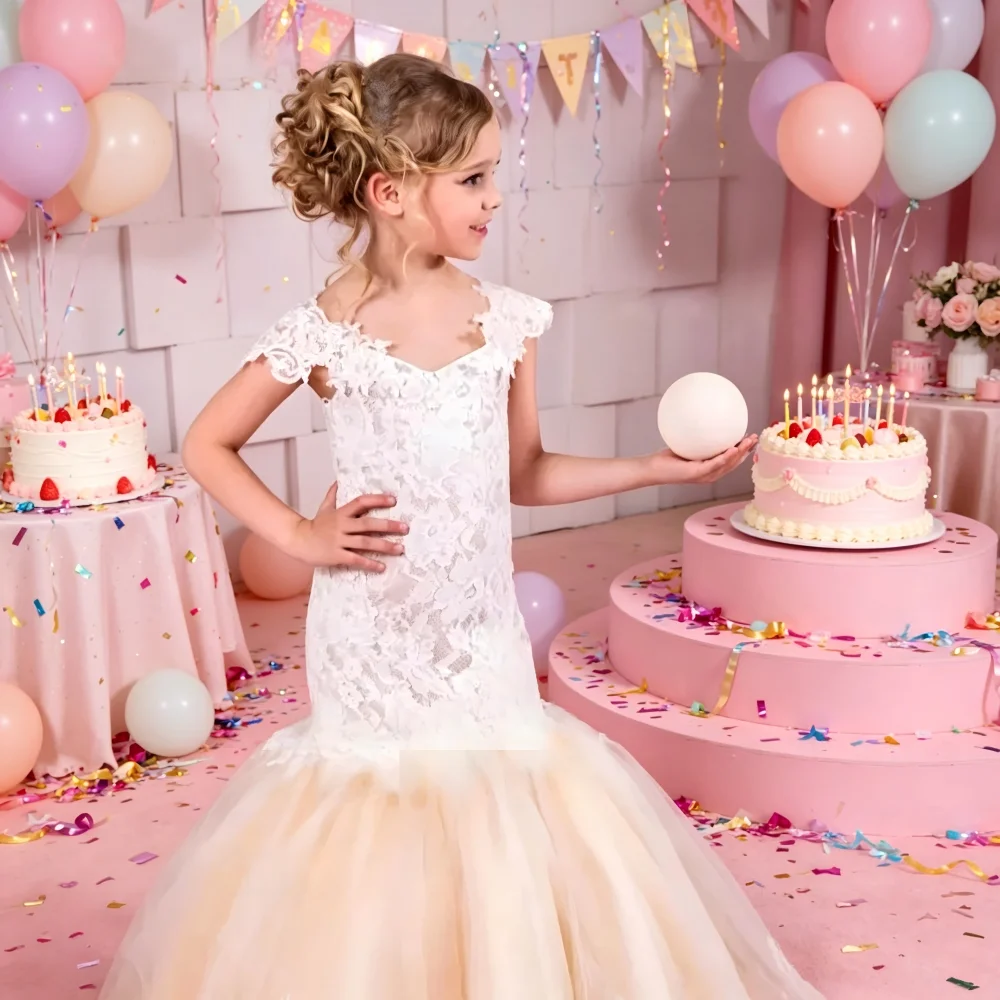 

Evening Children Kid Dresses WeddingBaby Flower Girl Dress Kids Lace Long Bridesmade Prom Mermaid Frock Party Formal Ball Gowns