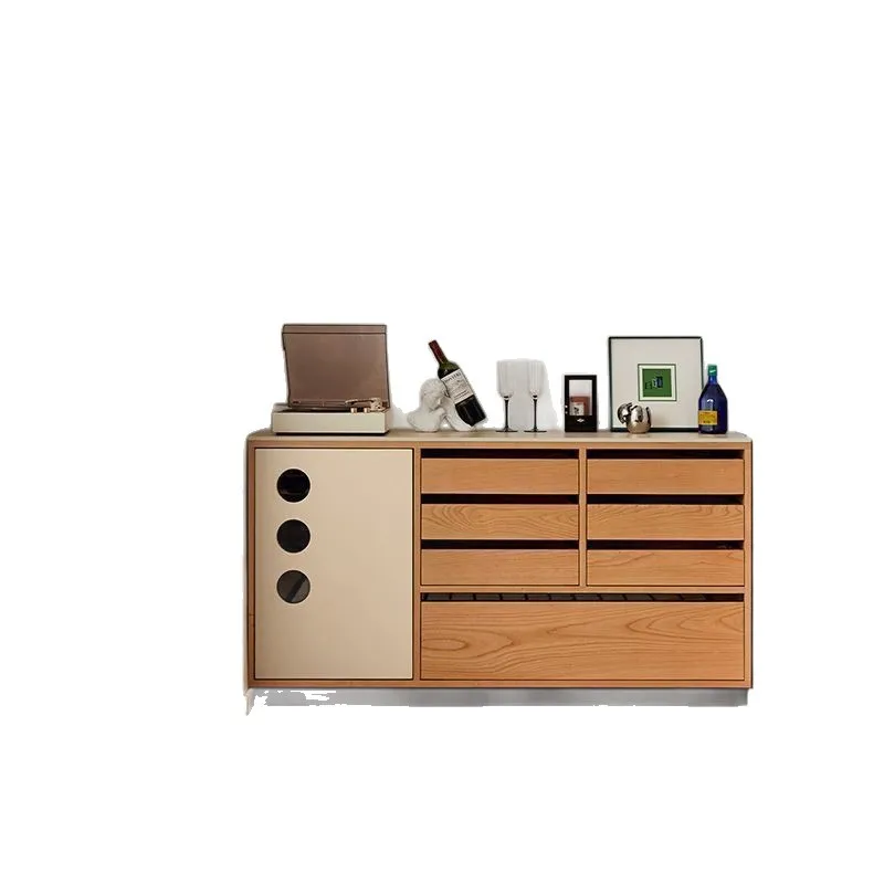 Medieval solid wood dining side cabinet Bauhaus small apartment dining room rock slab storage wall coffee cabinet integrated
