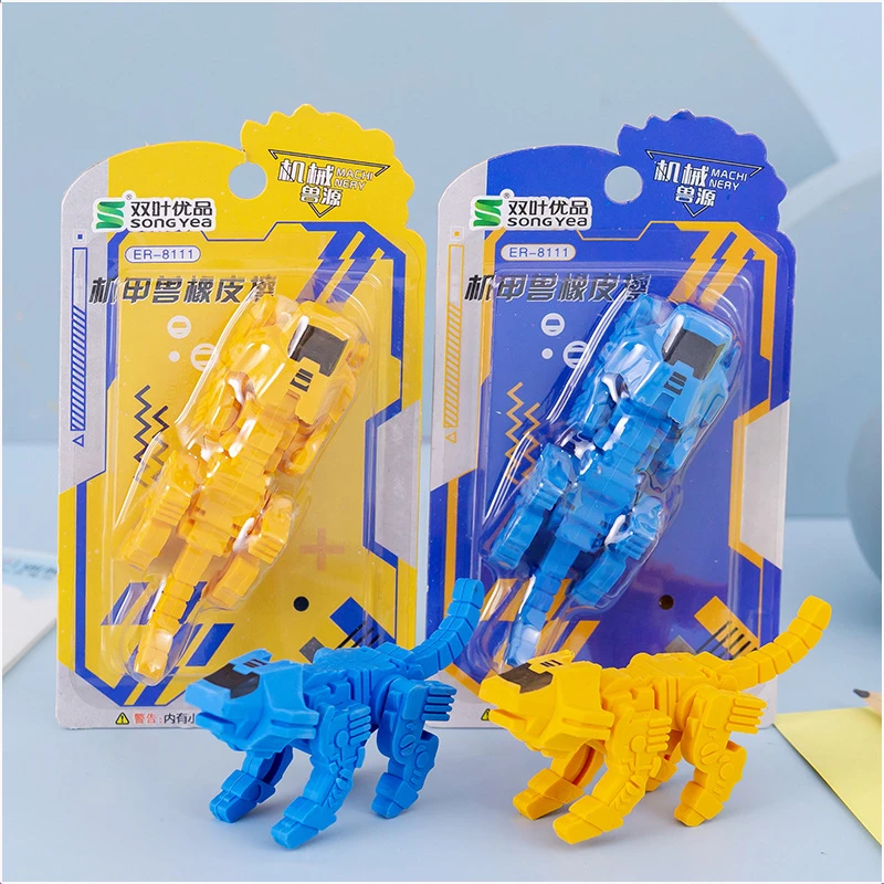 12 Pcs Creative Puzzles  Assemble Mecha Beasts Robots Pencils Erasers Student Prizes Gifts Study Stationery Back To School