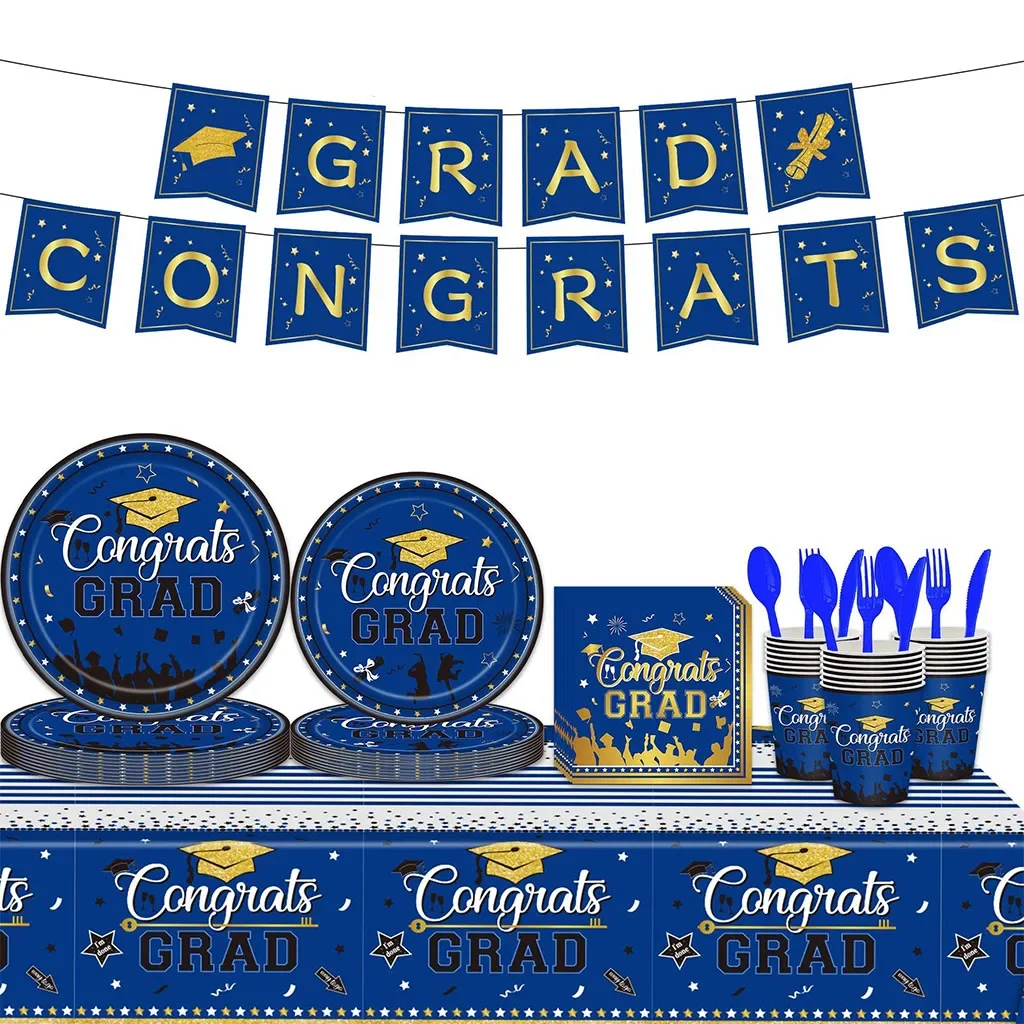 

Graduation Party Disposable Tableware Blue Gold Bachelor's Hat Congrats Grade Paper Plate Napkin Happy Graduation Party Supplies