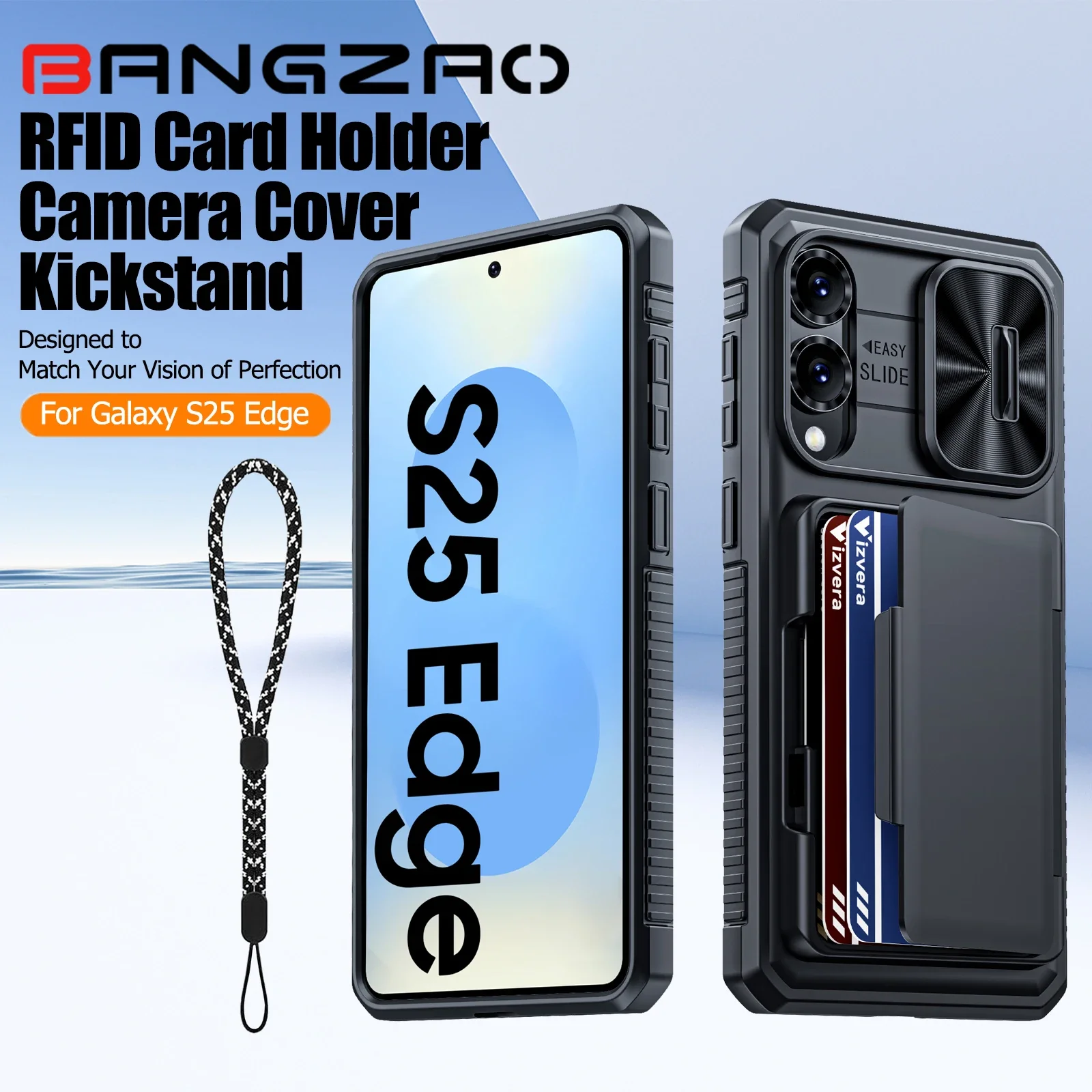 

Чехол-кошелек для Galaxy S25 Edge RFID, держатель для карт, камера Cove, прочный противоударный силиконовый защитный чехол для всего тела - черный