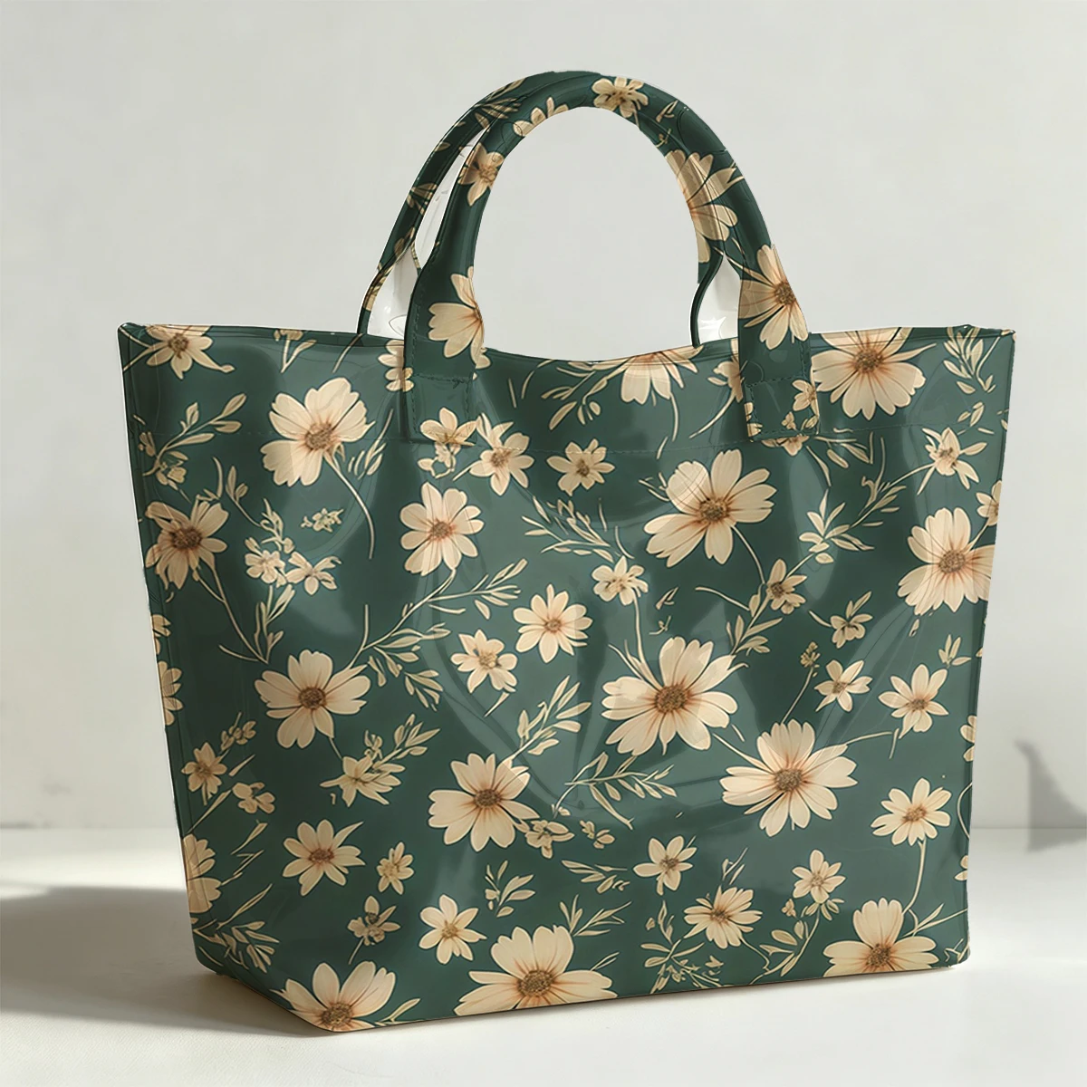 Small green flower pattern Fashion Bag Transparent PVC Waterproof Handbag Large Capacity Daily Commute Shoulder Tote Mummy Bag