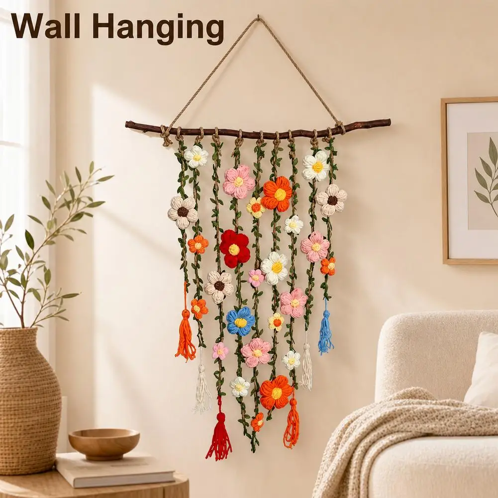Boho Handmade Crochet Flower Wall Hanging Tapestry Woven Macrame Leaf Tassel Floral Art Living Room Bedroom Apartment Decor