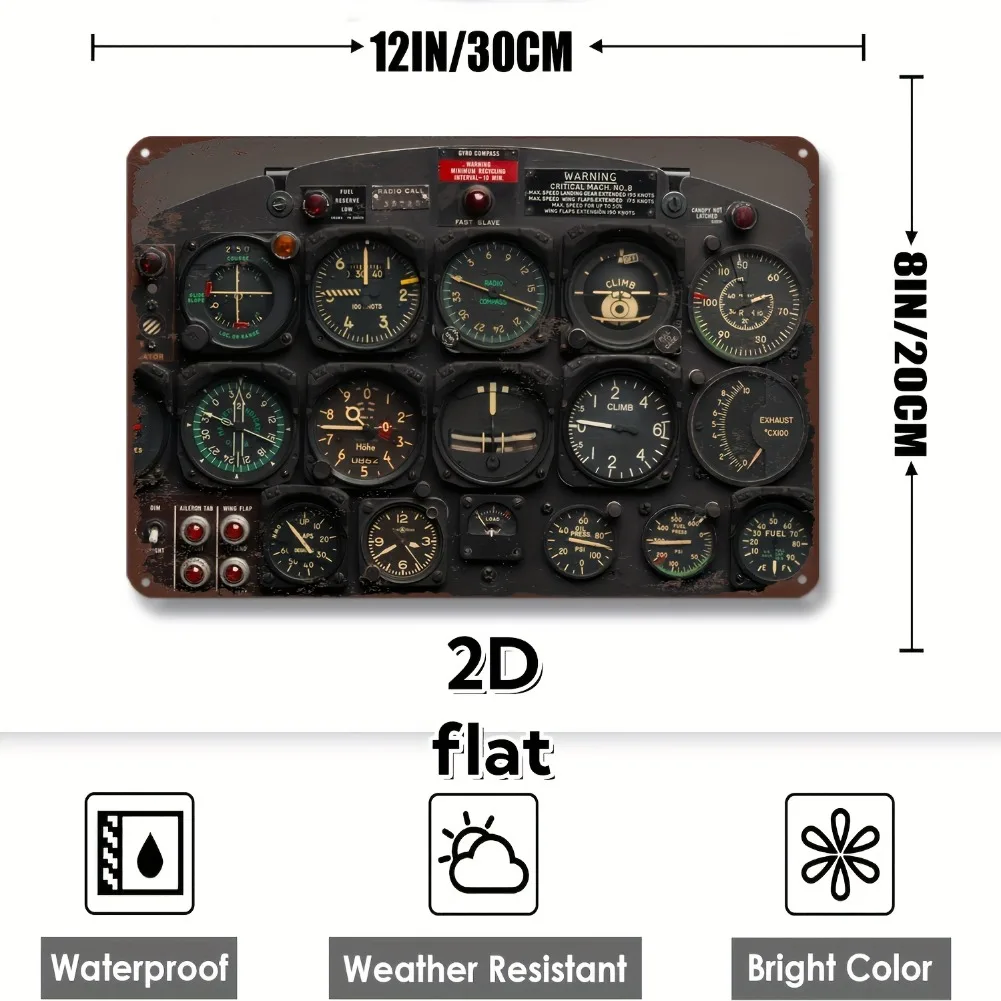 Vintage Aircraft Cockpit Instrument Panel Retro Metal Tin Sign, Aviation Pilot Wall Art Decor for Man Cave Garage Bar