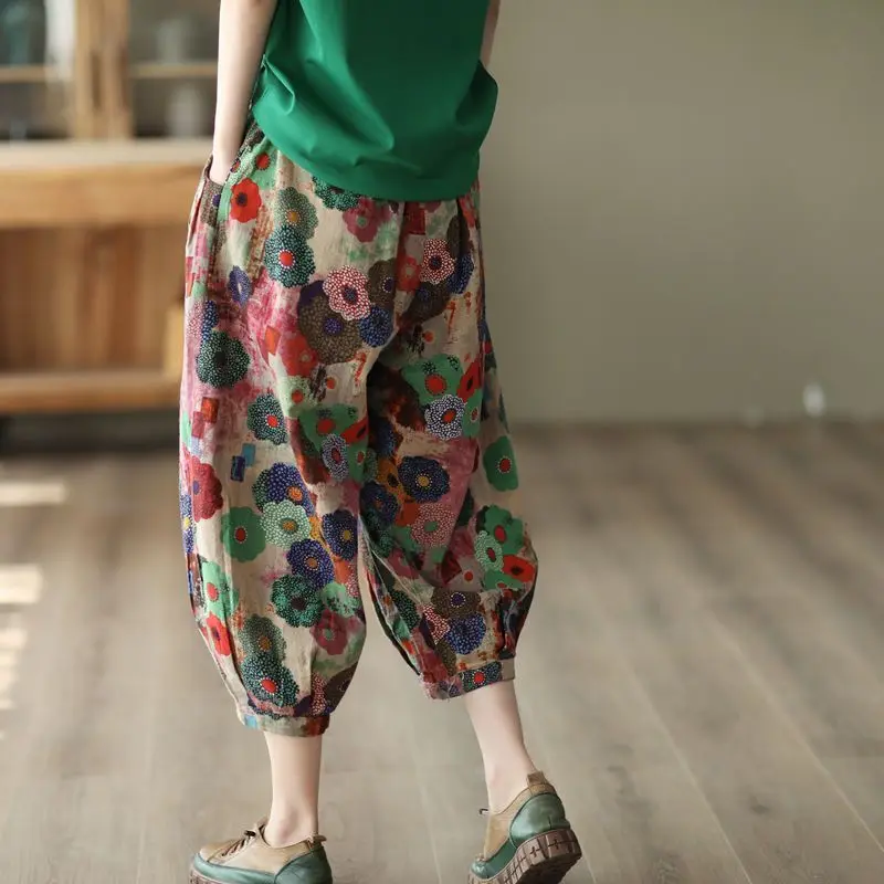 2024 New All-match Elastic Waist Pocket Women\'s Clothing Spring Autumn Printing Calf-Length Pants Ladies Vintage Harem Trousers