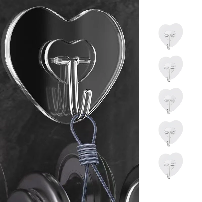 5pcs Heart Transparent Hooks Strong Self Adhesive Key Storage Hanger Multi-Function Towel Hanging Hook For Kitchen Bathroom Stor