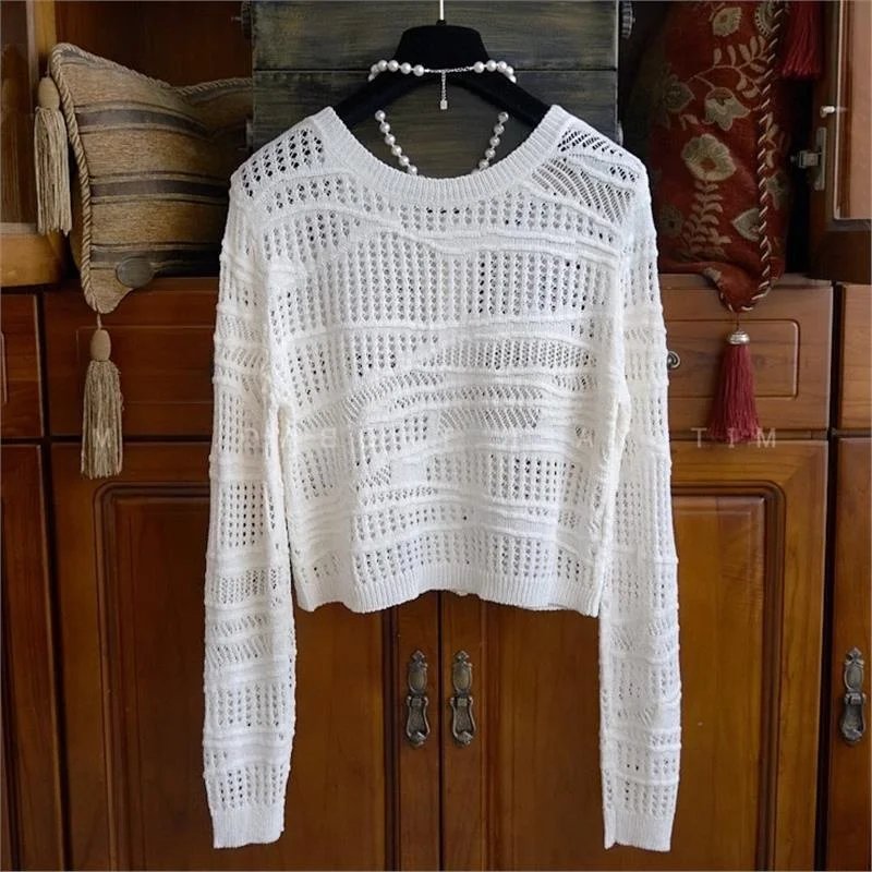 Ele Hollow out Knitwear Women's White Faionable Top High Quali Premium Design Commute Sle Long Sve Button down