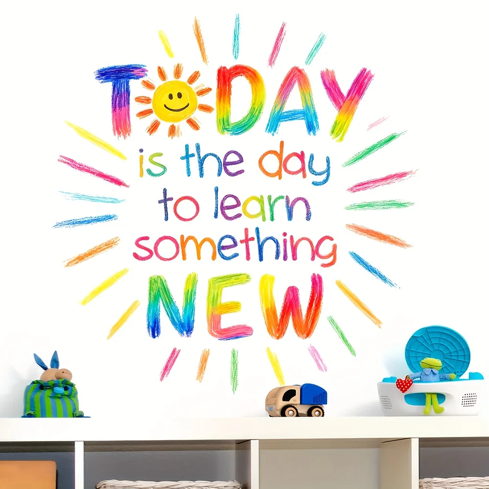 2D Flat 1Pc Modern Art and Creative Theme Wall Sticker, Today Is a Day to Learn New Things, Colorful Sun Design Sticker, Self-Adhesive Pvc Removable Wall Decoration Sticker, Suitable for Classroom, Study Room, Dining Room, Bedroom, Living Room, Kitchen, Doors, Windows, Cabinets, Glass, Tiles, and Wall Decoration, Cute Stickers That Are Attractive and Practical, Easily Create a Cozy Space