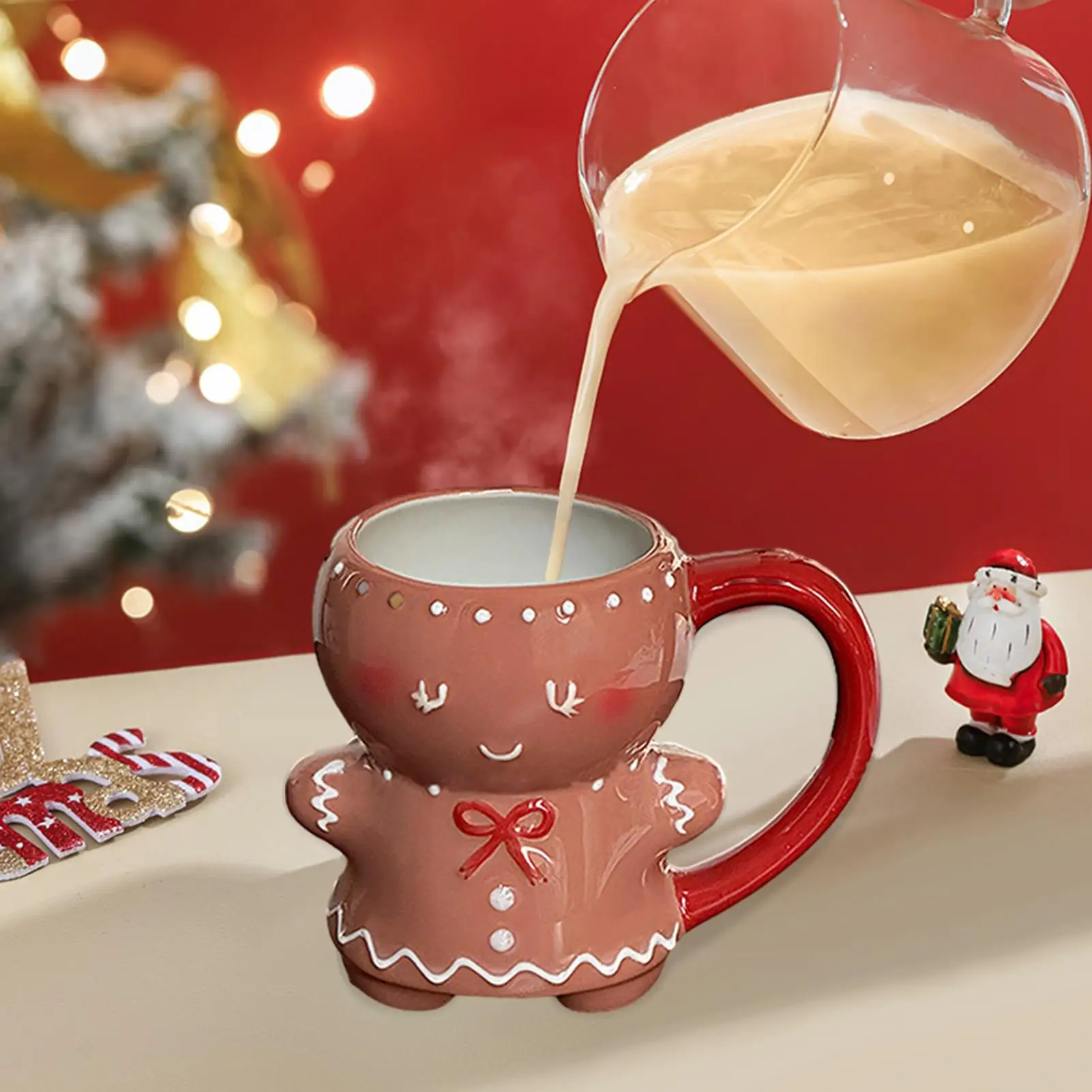 280ml Cute Gingerbread Man Mug 3D Gingerbread Man Ceramic Cup With Handle Household Christmas New Year Gift For Family Friends