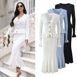 Runway Fall Winter Knitted 2 Piece Set New Women V Neck Beaded Buttons Flare Sleeve Hollow Out Cardigan +Midi Mermaid Skirt Suit