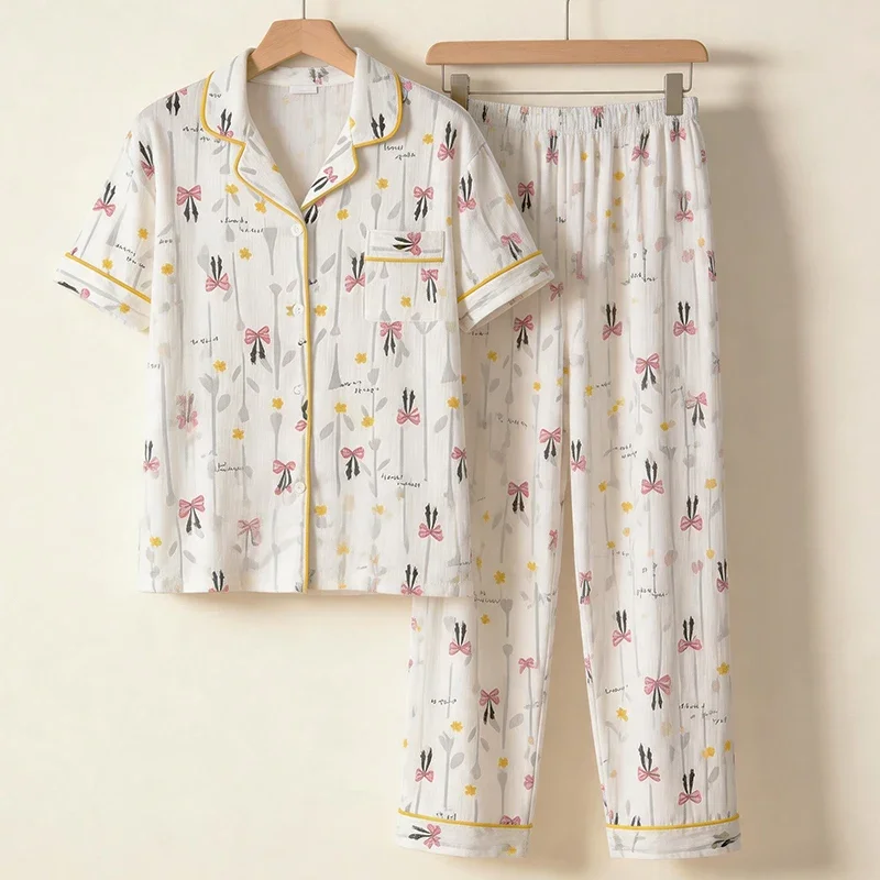 Autumn Ladies Sleepwear Homewear Small Fresh Bow Flower Wrinkled Cloth Short Sleeved Pants Women's Home Clothes Pajama Set
