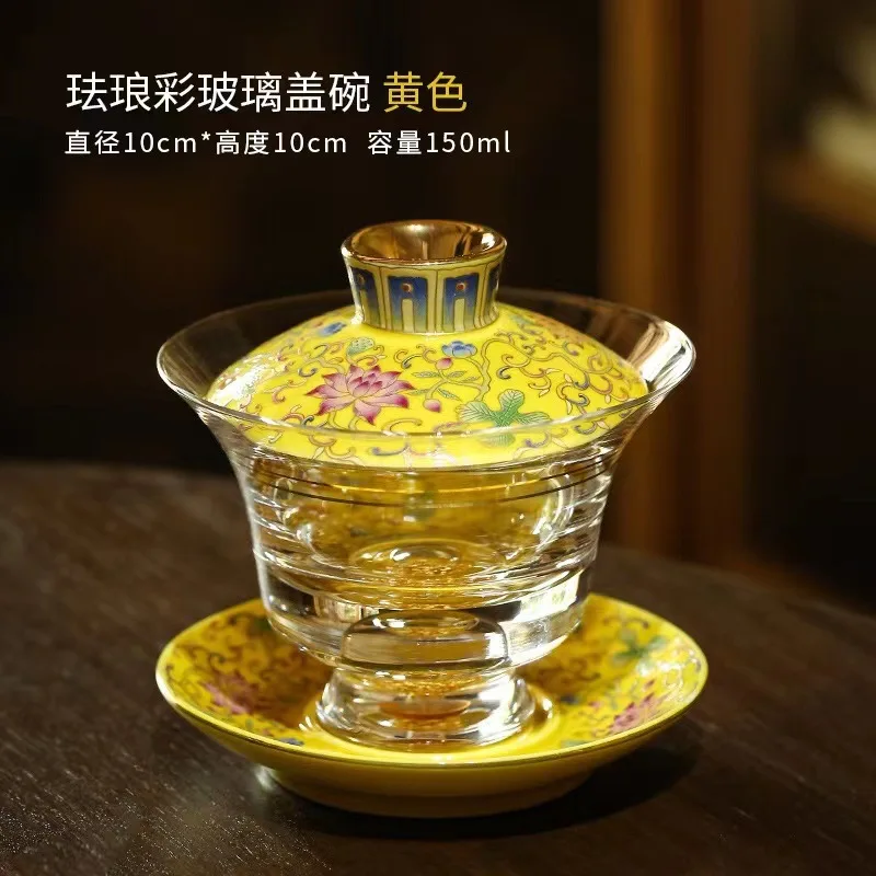 Enamel Colored Glass Gaiwan Puer Tea Bowls Crystal Tea Bowl Tureen Lid Bowl Lotus Hand Drawing Gaiwan for Travel Gai Wan Cup Set