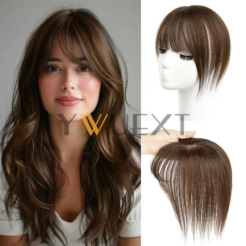 Imagen 1 del producto Clip en piezas de cabello Toppers 8 ""-12"" extensiones de cabello humano Natural pieza Color marrón mujeres con flequillo 8x12cm Base