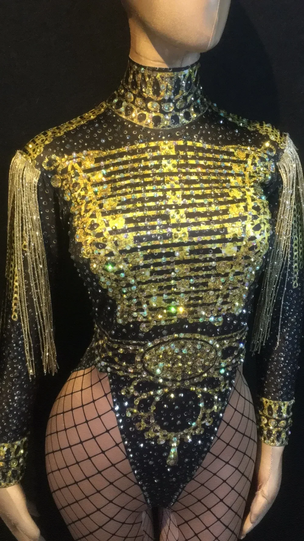 New Sparkly Gold frange Epaulet strass tuta donna Jazz Dance Stretch body Outfit Evening Show Costume intero