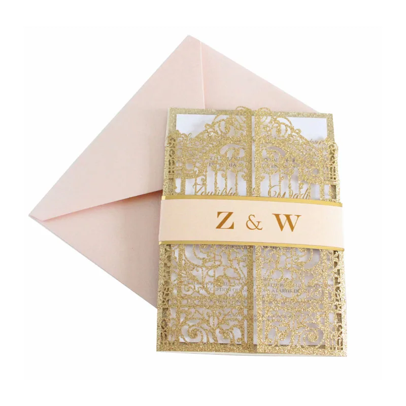 Top Wedding Invitations Glittery Gold Pocket Belly Soft Pink Envelop Customized Insert Card Printing 50 Sets