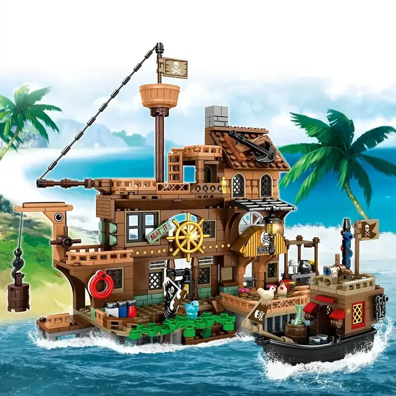 

Creative Medieval Pirate Island Fortress Castle Building Blocks Warship Sailboat Cabin Assemble Bricks Toys Gifts For Kids Adult
