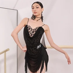 Summer Latin Dance Dress Women Practice Clothing Leopard Print Fringe Dress Cha Cha Rumba Samba Dance Clothes Adult Club BL13415