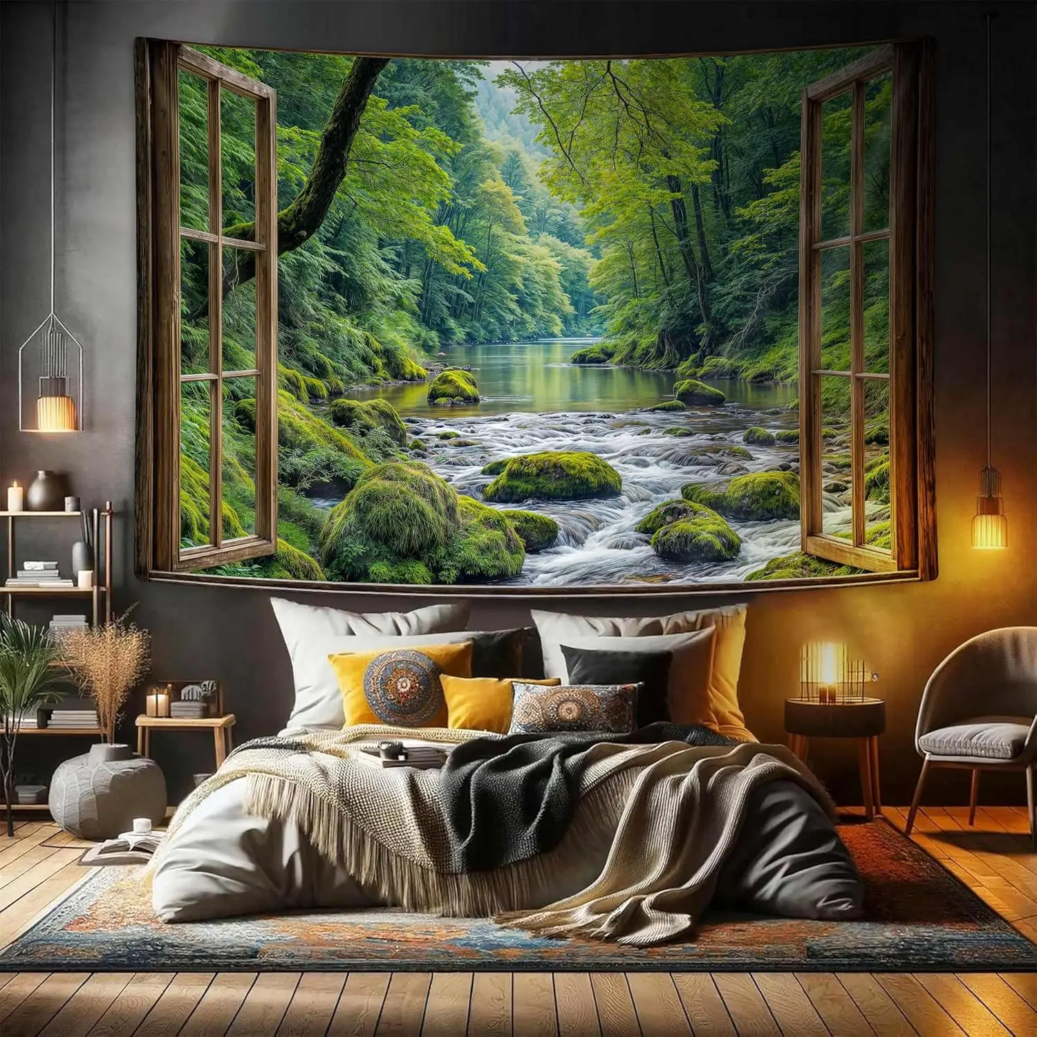 Window Forest Tapestry - Vibrant Green Jungle River Nature Scenery Wall Hanging Decor for Bedroom, Living Room, Dorm Room Home