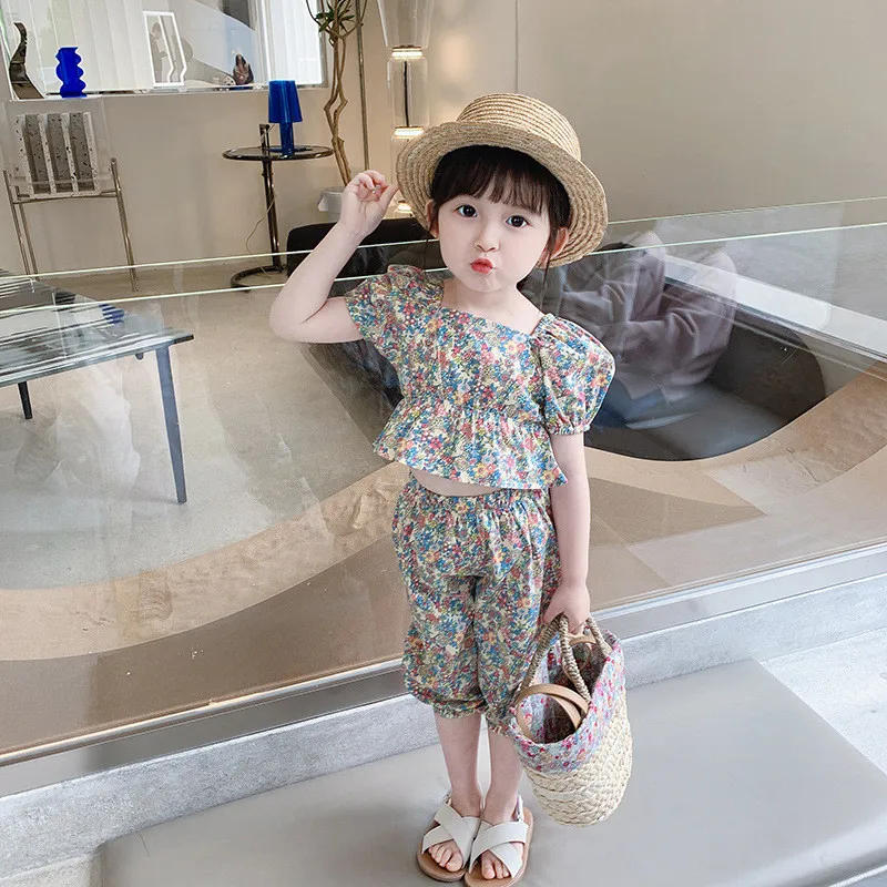 

Girls' clthes suit summer children clothing Korean version baby girl puff sleeves floral two-piece set