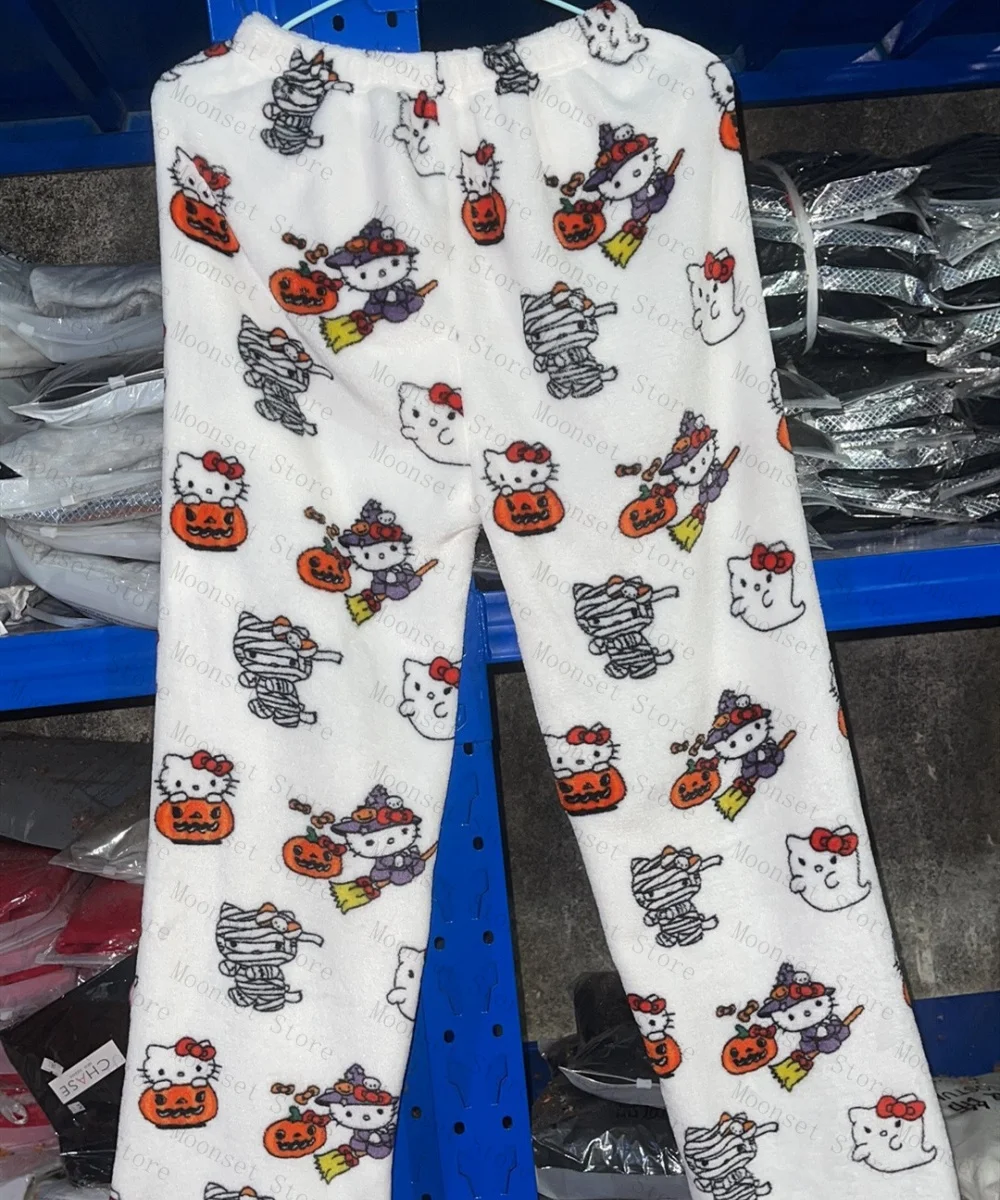 2026 Y2K مرحبا كيتي المرأة الخريف الشتاء بنطلون بيجاما أنيمي Kawaii سراويل قطنية الشتاء الدفء المنزل السراويل لطيف الهيب هوب السراويل