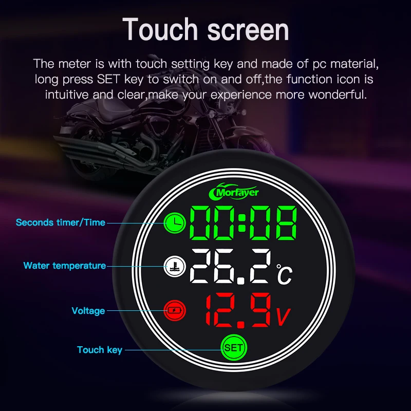 Motorpijn digitale moto universele temperatuurklok Mini volledig schermthermometer 4-in-1 touchscreen meter