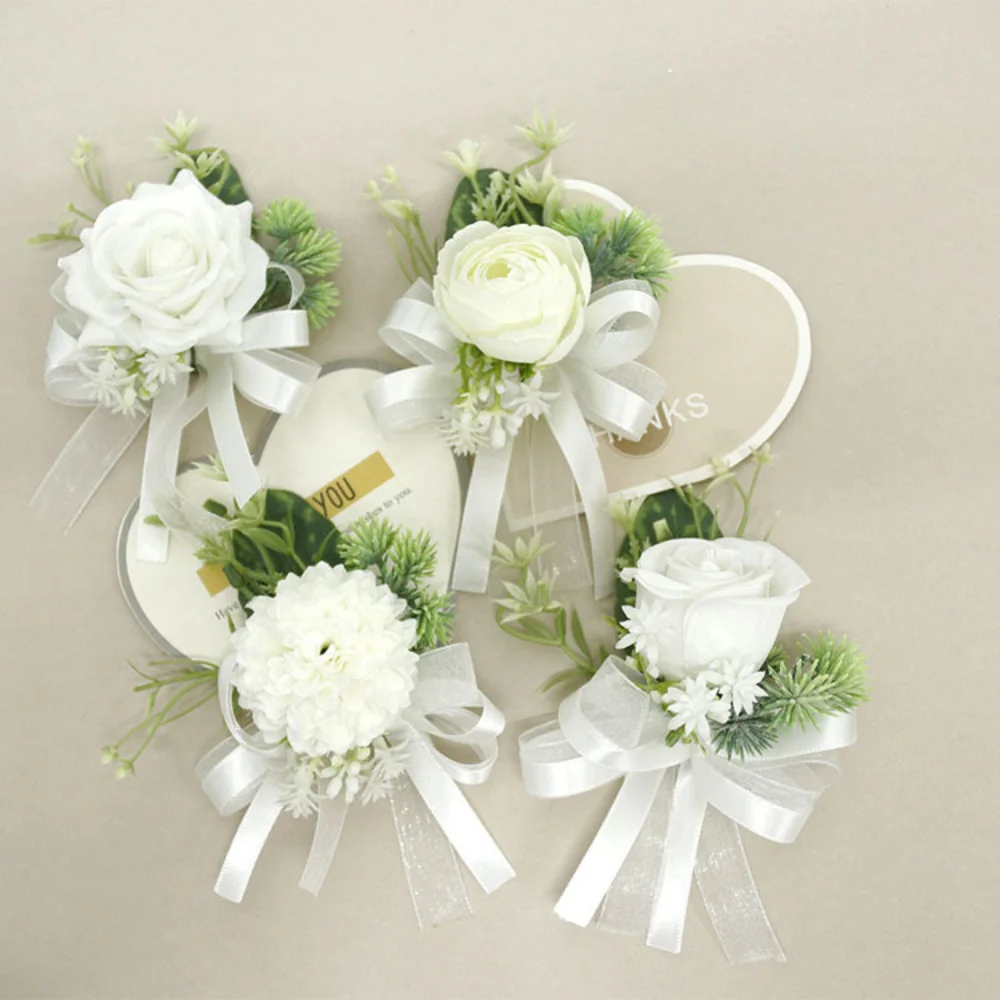 Boutonnière injRose blanche pour mariage pour homme, JOPins, fleurs, bracelet, corsage, poignet, accessoires artificiels, casTrio