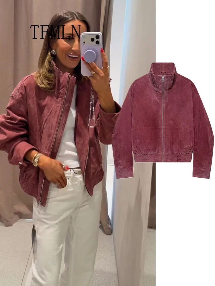 TFMLN 2026 Autumn Winter Bomber Jackets For Women Stand-Up Collar Zipper Pockets Long Sleeve Coat Vintage Street Loose Outerwear