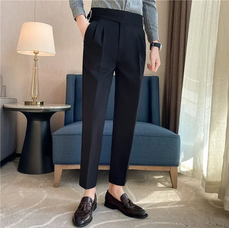 Men High Waist Dress Pants Trousers 2024 Spring New British Style Straight Solid Casual Slim Fit Suit Pants Fashion Men Clothing