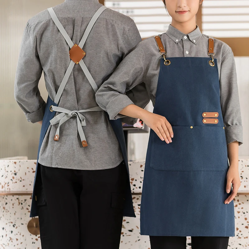 Washed Canvas Apron Custom Unisex Work Robe Catering Server Overol Cross Back Strap Hairdresser Mandiles Original Logo Design