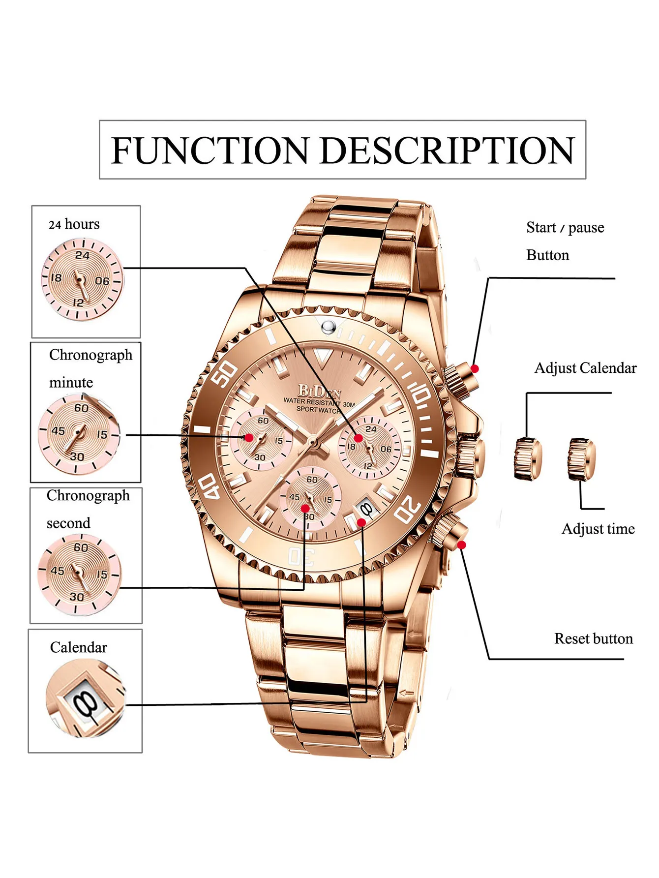 BIDEN Fashion high-end women\'s watch,chronograph,stainless steel strap,business waterproof quartz watch,women\'s Relogio Feminino