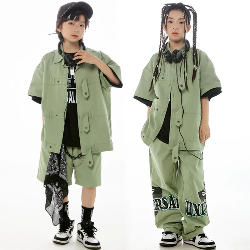 2024 Hip Hop Dance Costume Girls Short Sleeves Green Suit Loose Coat Pants Boys Drum Street Dance Performance Wear Kids BL12951