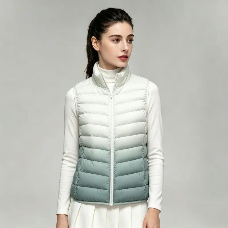 2026 Spring/Autumn New Female Stand Collar Slim Fit Sleeveless Puffer Jacket Women Fashion Gradient Ultra Light Down Vest