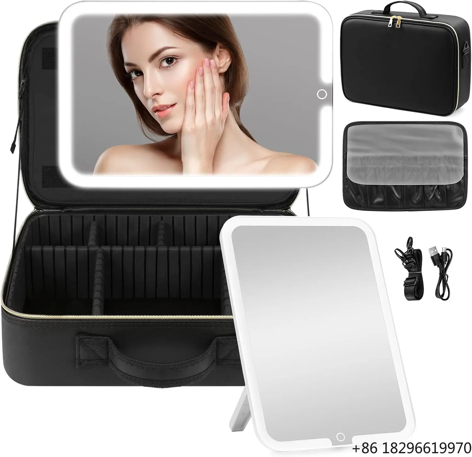 

Portable Travel Makeup Bag With Lighted LED Mirror 3-Color Lighting Shoulder Strap Trolley Sleeve Vanity Mirror For Women