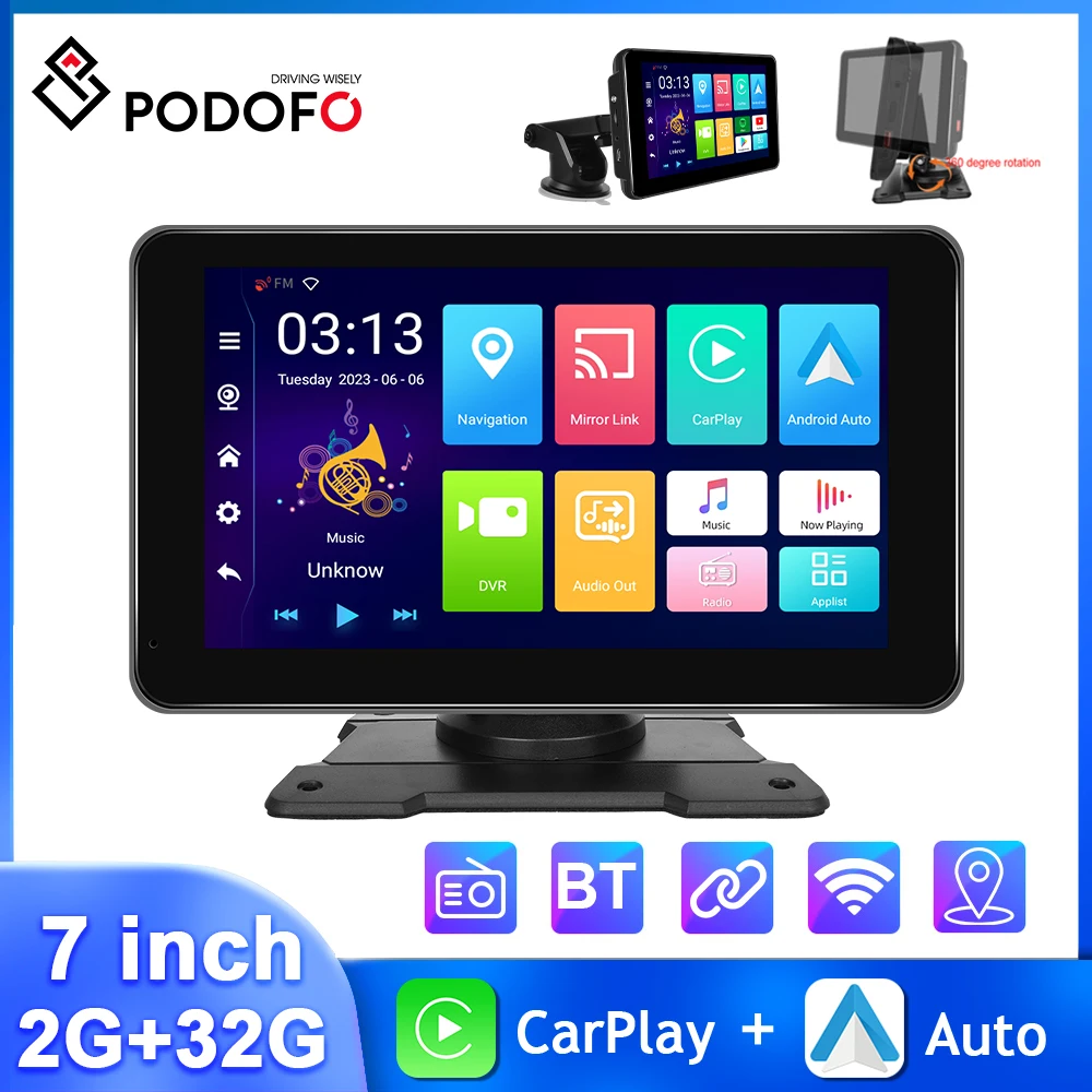 

Podofo Android Car Video Player 7-inch 2+32G Carplay Android Auto HD Screen Bluetooth AUX FM For BMW Toyota Honda Ford Hyundai