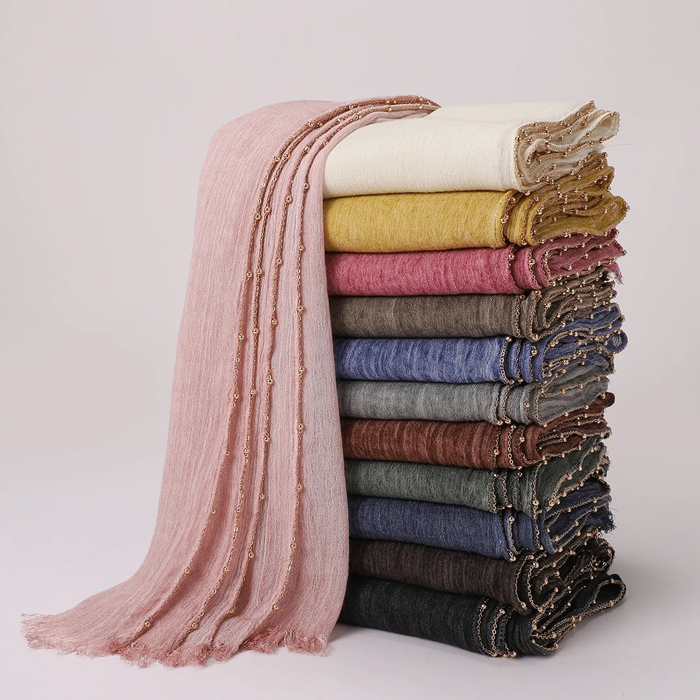 Luxury Golden Chain Beaded Hijab Rayon Retro Wrinkle Scarf Ramadan Shawl Headband Soft Turban for Muslim Women view 3