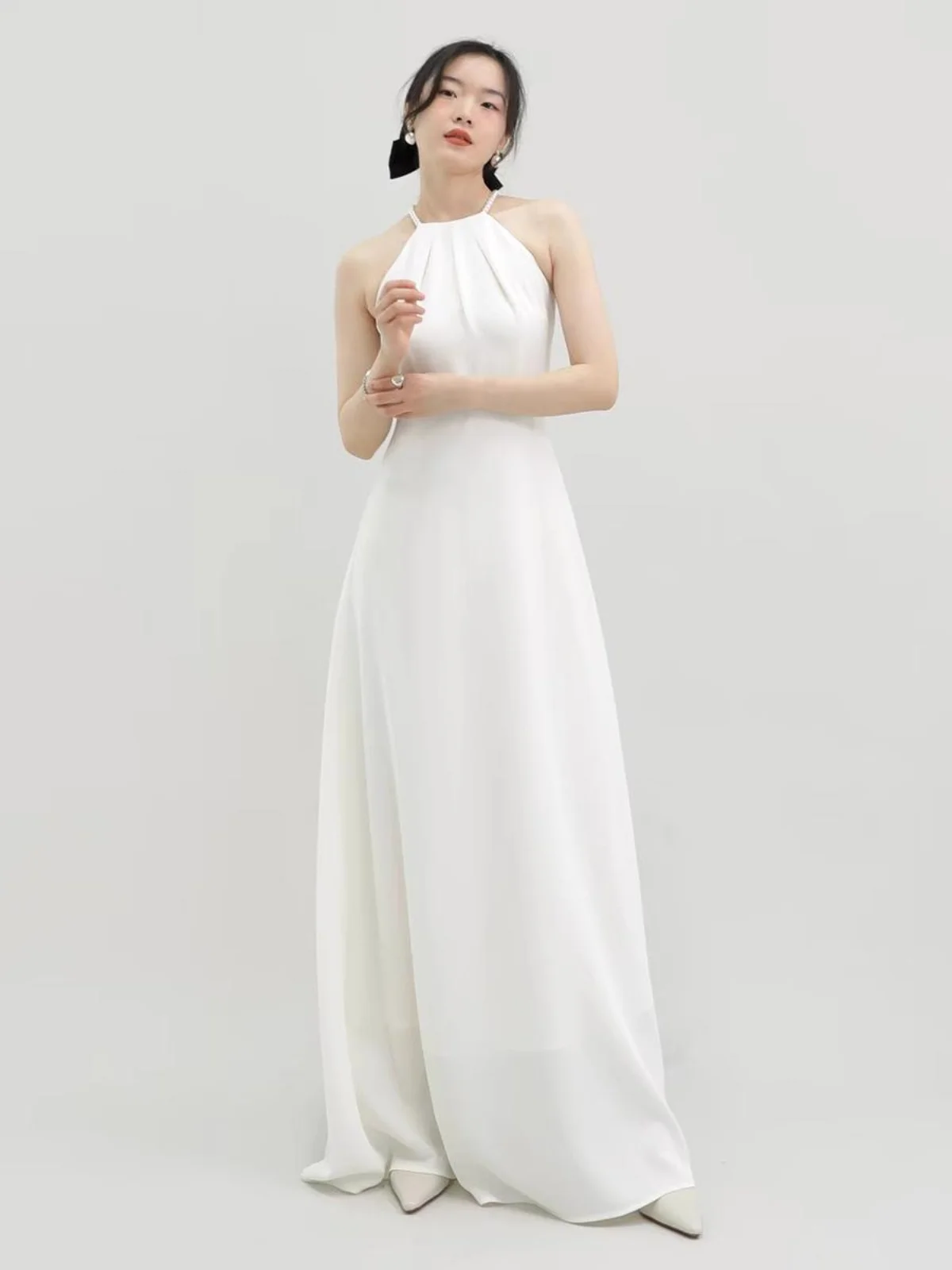 فستان زفاف طويل أنيق بخط عنق للسفر والتصوير الفوتوغرافي، ملابس تنحيف، ملابس يومية، فستان أبيض عتيق، بوليستر سباندكس