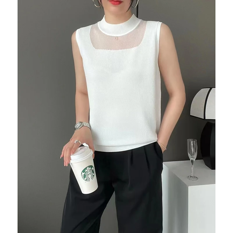 White Knitted Vest 2024 Shirts for Women Half High Collar Sleeveless Top Sexy Slim Tshirt Mesh Tanks Camis Hollow Tees Crop