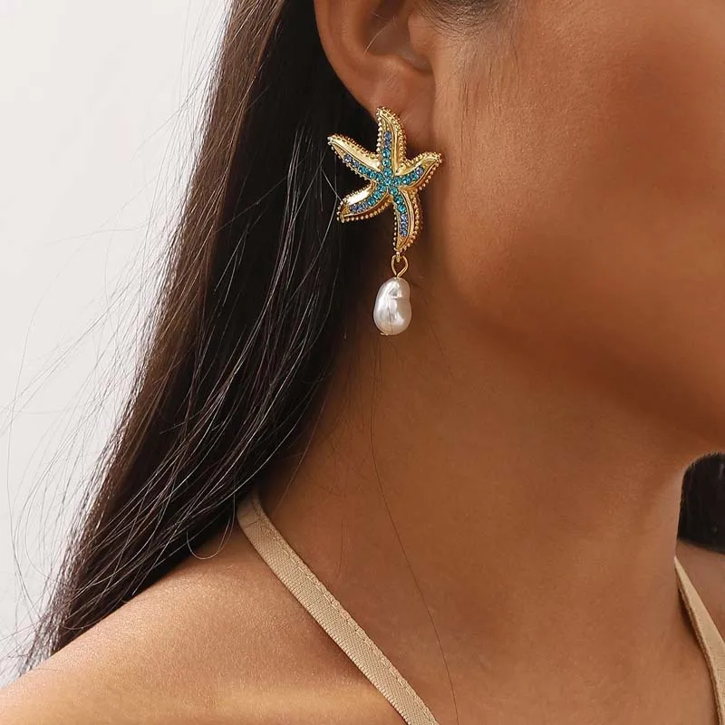 Fashion Metal Starfish Pearl Drop Earrings for Women Simple Blue Rhinestones Statement Earrings Beach Vacation Jewelry Gifts