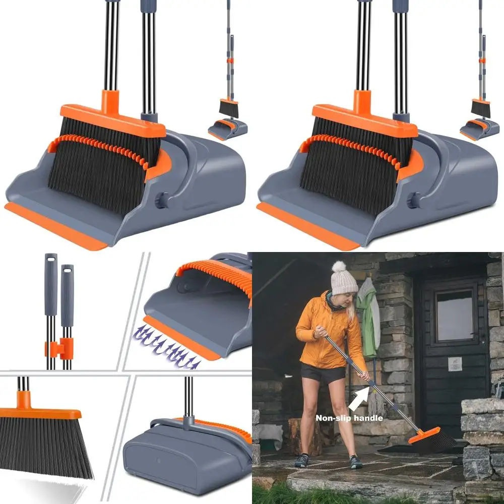 

Self-Cleaning Broom & Dustpan Set with Teeth, Suitable for Indoor & Outdoor Use, Ideal for Pet Homes, Gray & Orange