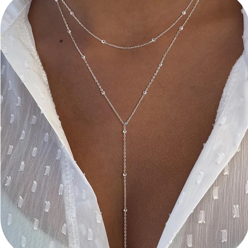 Vergoldete Lariat Halskette für Frauen, doppelte Laryered lange Kette Tropfen Anhänger Choker Halsketten Mode Geschenke