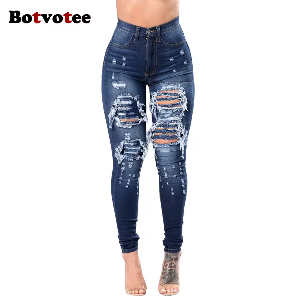 Botvotee rasgado magro cintura alta lápis jeans para mulher casual y2k streetwear calças jeans azul escuro elástico mulher