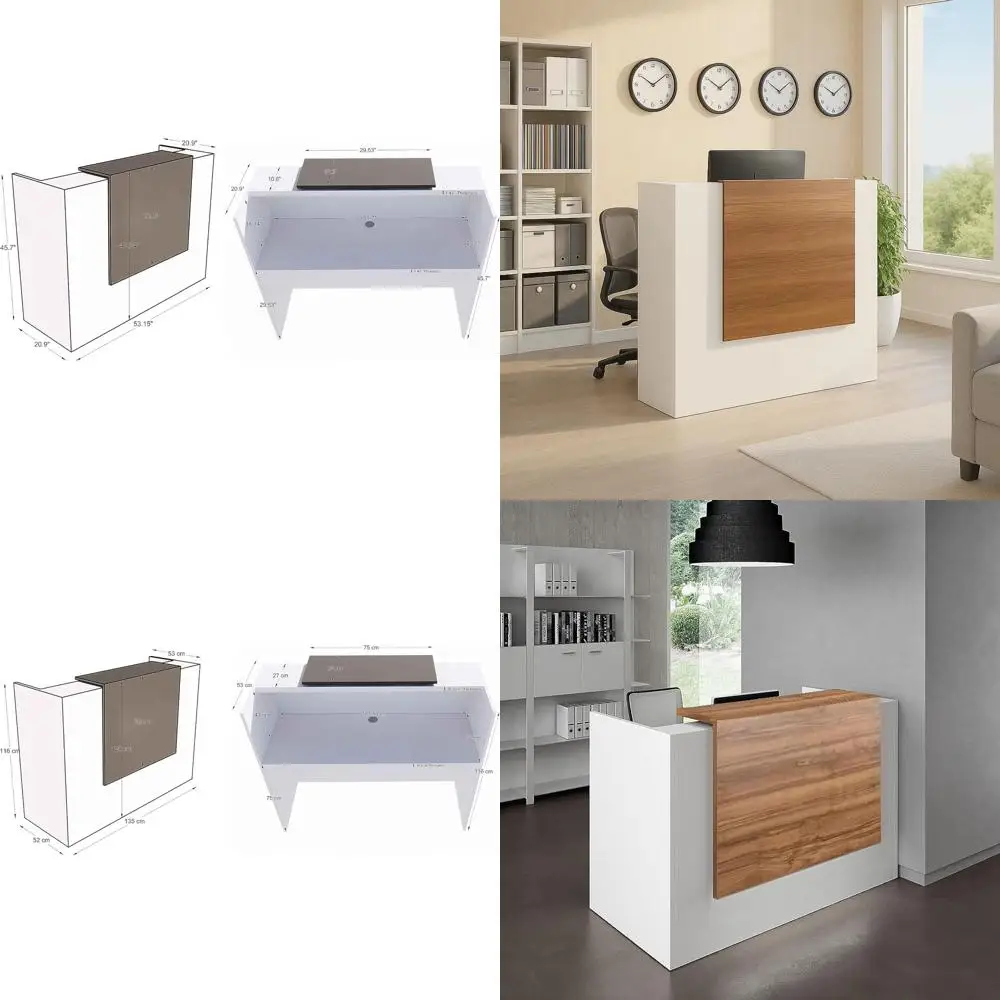 

53 Modern Reton Desk | Multi-Functional Counter, Laminate Top, Versatile Use for Office, Home, School, Spa - White & Teak