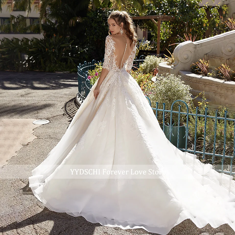 Robe de Mariée Élégante Personnalisée avec des Appliques en Dentelle, Col Transparent, Tension Icide dans le Dos, Cour, Traîne, pour les Patients, 2024