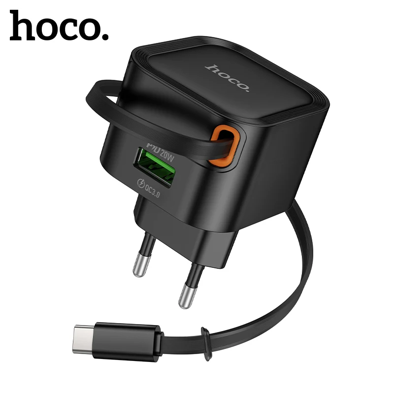 

HOCO PD20W QC3.0 Phone Fast Charging EU Charger For iPhone 16 15 Pro Max with USB C Retractable Cable Travel Adapter For Samsung