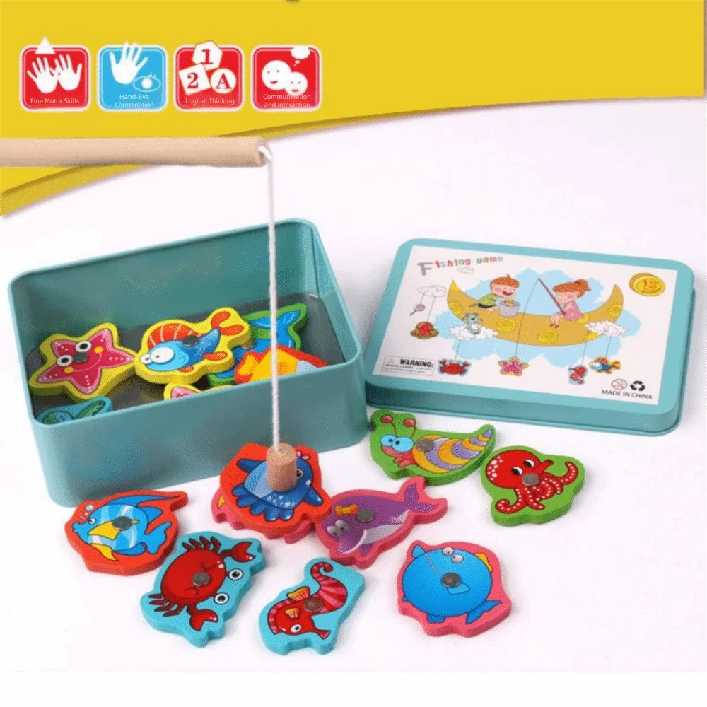 Multicolor Montessori Fishing Game Wood Cartoon Fish Fish Catching Game Magnetic Design Interactive Toy Educational Toy