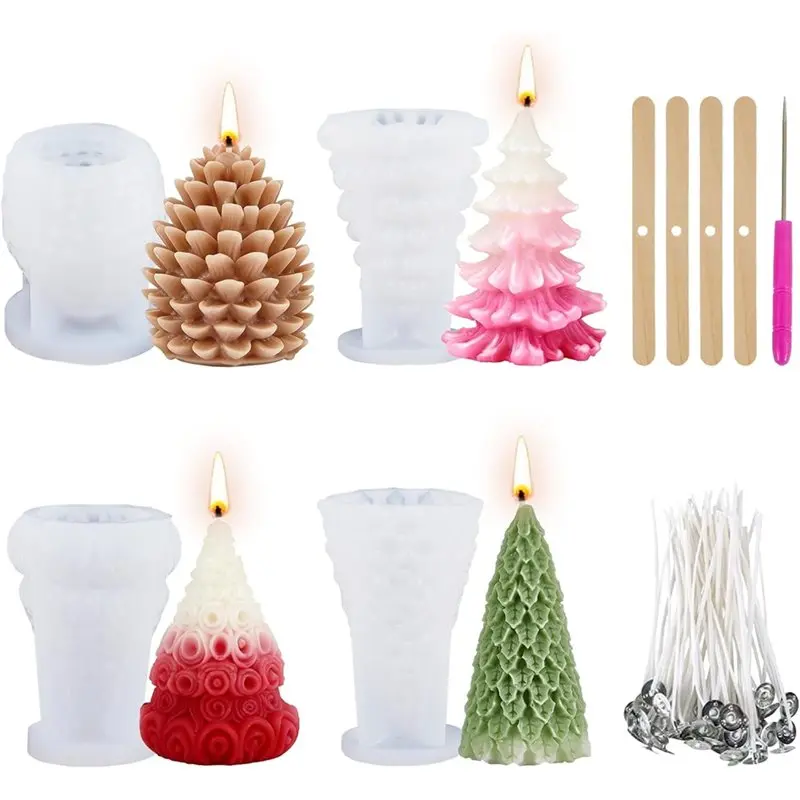 

【ALLOWANCE】Christmas Tree For Candle Making, Mold 4PCS Christmas Silicone Molds Pine Cone Shape For DIY Xmas Handmade For Candle