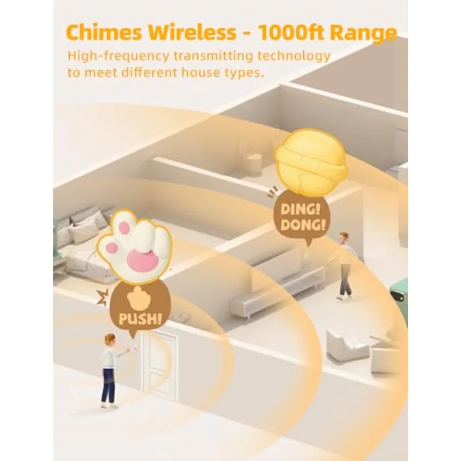 Cat Paw Doorbell, Cute Anime Wireless Door Chime 1000ft Wireless Range, 38 Musical Ringtones Timbre, Mute Mode with LED Flash P