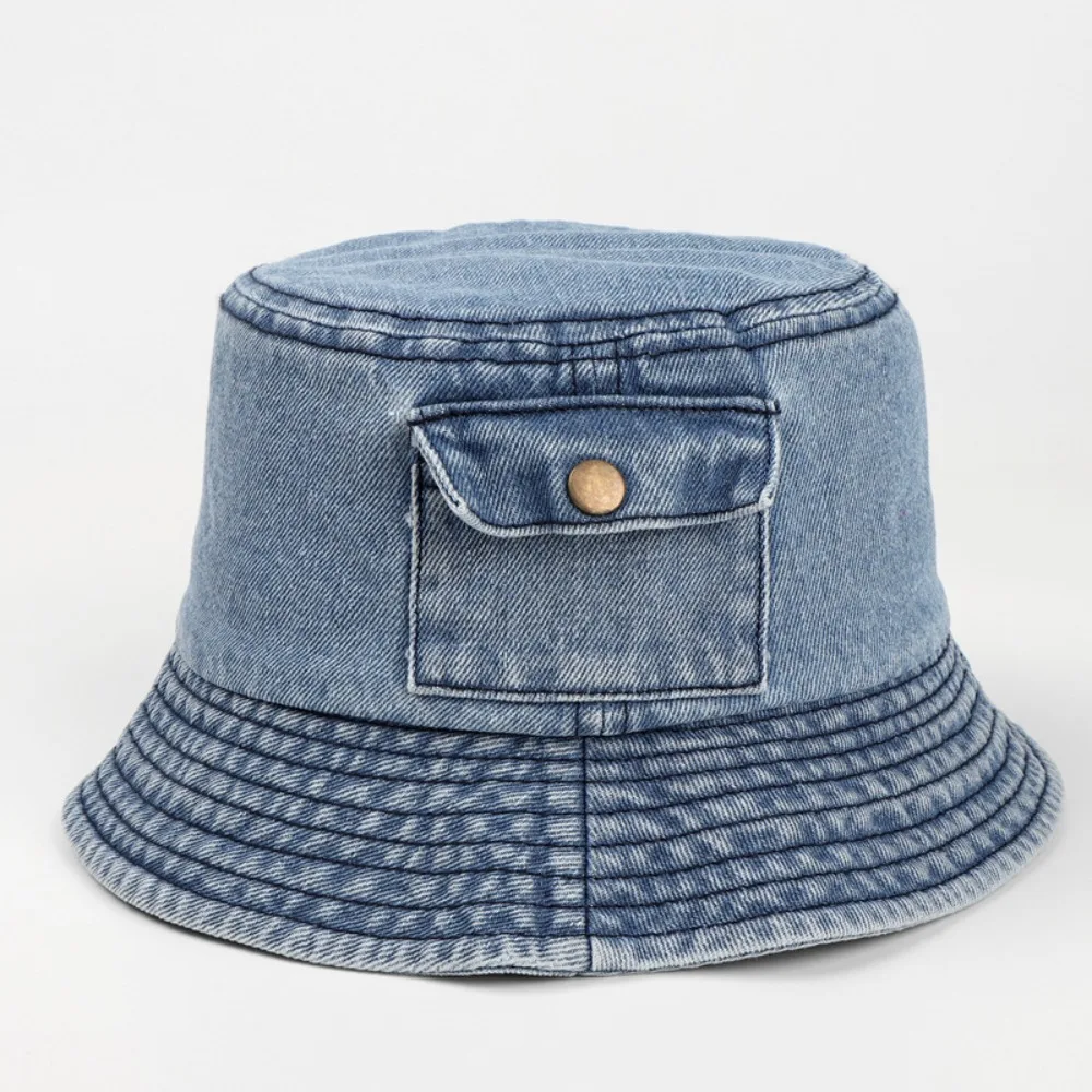 

Fashion Vintage Denim Bucket Hat Solid Color Travel Pocket Sun Hats Korean Outdoor Fisherman Cap Unisex